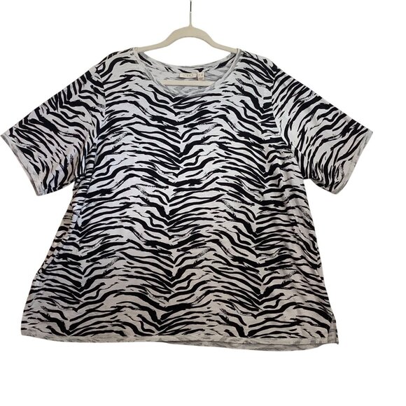 LOGO By Lori Goldstein Zebra Print Blouse Women Size 2X 100% Cotton Black White - Picture 1 of 9